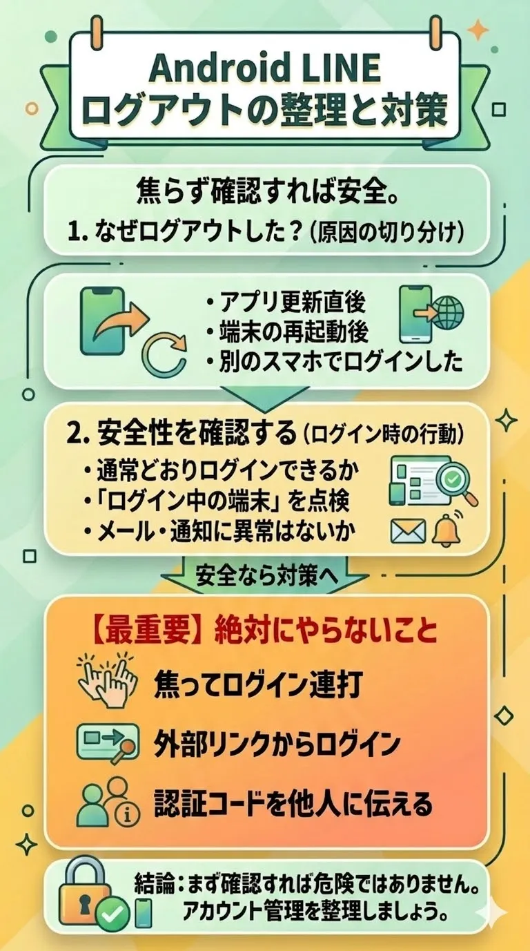 LINEログアウトの原因と安全確認のポイント整理している画像