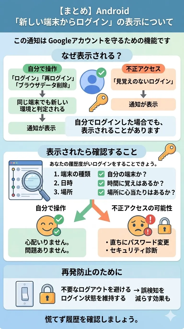 Androidの『新しい端末からログイン』通知の意味と確認方法をまとめたイメージ
