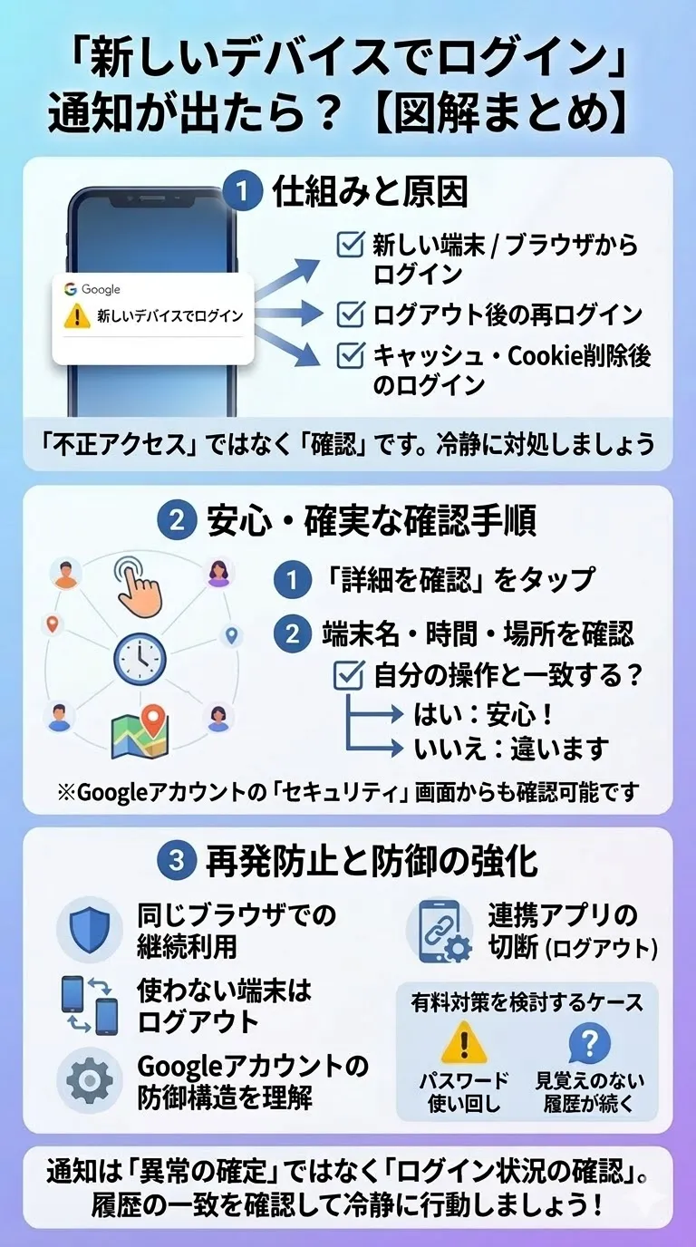 新しいデバイスでログイン通知が出る理由と対処手順の図解