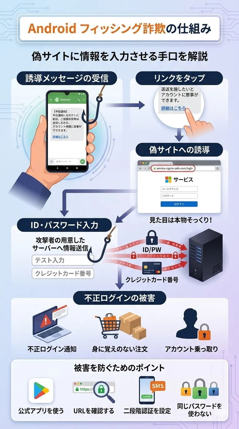 Androidフィッシング詐欺の仕組みと対策を視覚的にまとめた縦型のインフォグラフィック