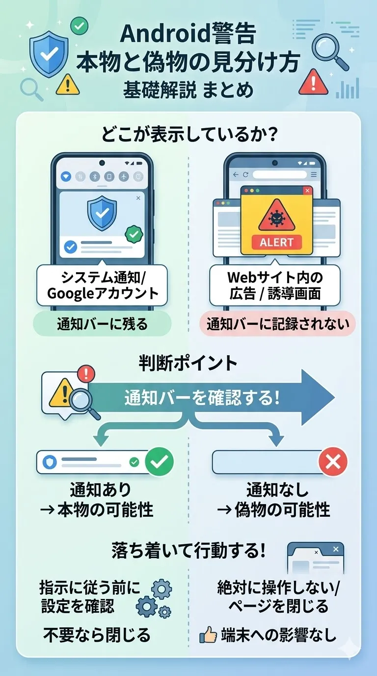Androidの警告画面の本物と偽物の見分け方の図解。通知バーに残るシステム通知と、Webサイトの偽ウイルス警告の違いと判断ポイントを説明している。
