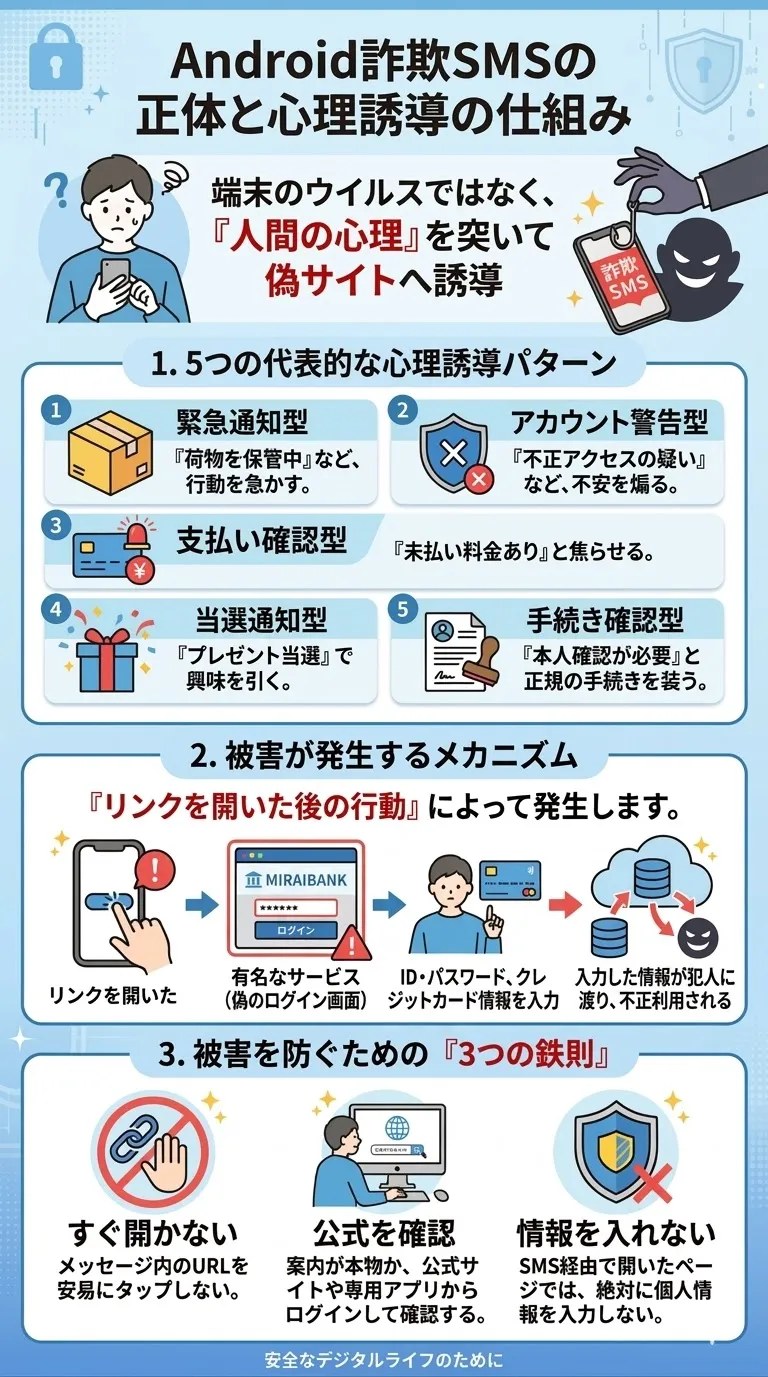 Android詐欺SMSの仕組みと対策をまとめた図解。心理誘導の5つのパターン、偽サイトで情報を入力し被害に遭う流れ、被害を防ぐ3つの鉄則（すぐ開かない、公式を確認、情報を入れない）を解説しています。