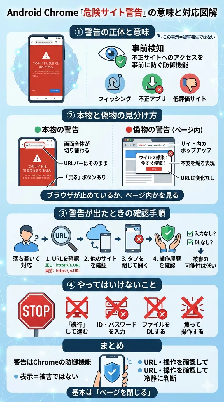 Android Chromeの危険サイト警告の意味と対処方法を解説したまとめ画像（本物と偽物の違い・確認手順・注意点）