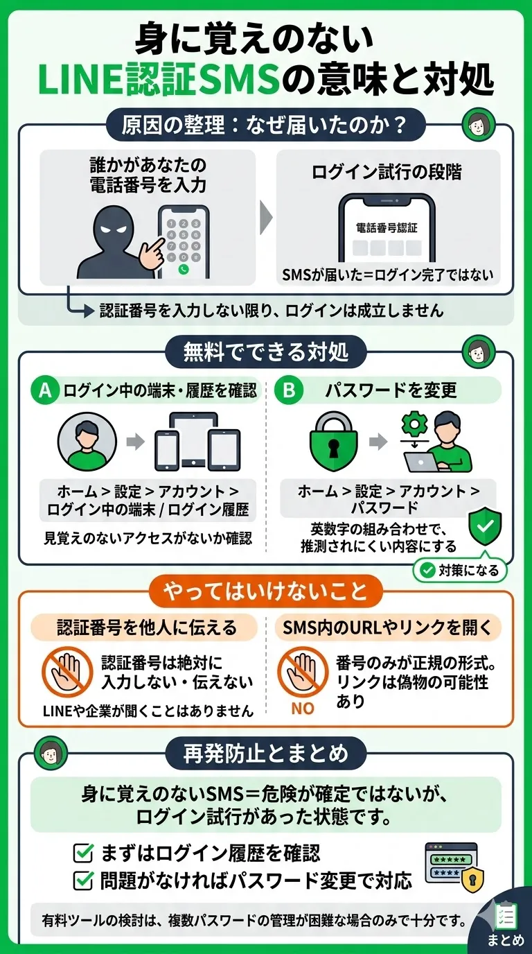 LINE認証番号SMSの仕組みと対処方法のまとめ画像。ログイン試行時に送信される仕組みと、履歴確認やパスワード変更などの対応手順を整理した画像